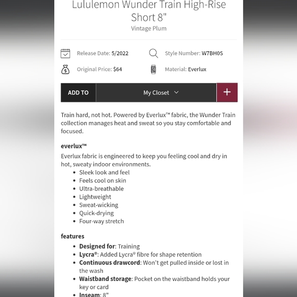 Lululemon Wunder Train Vintage Plum High Rise Sz 10 Shorts 8" Inseam - Picture 5 of 5